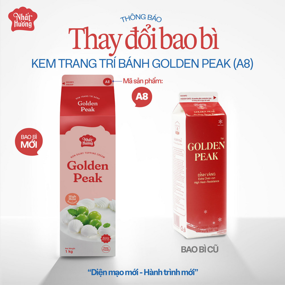 THÔNG BÁO: THAY ĐỔI BAO BÌ SẢN PHẨM KEM TRANG TRÍ BÁNH GOLDEN PEAK NHẤT HƯƠNG (A8) 1 Thông báo thay đổi bao bì sản phẩm Kem Trang Trí Bánh Golden Peak Nhất Hương (1 kg), mã sản phẩm là A8.