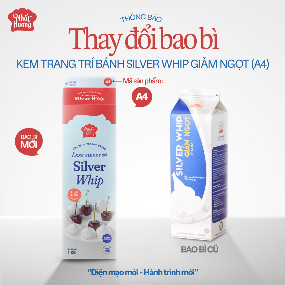 Thông báo thay đổi bao bì sản phẩm Kem Trang Trí Bánh Silver Whip Giảm Ngọt Nhất Hương (1 kg), mã sản phẩm là A4.