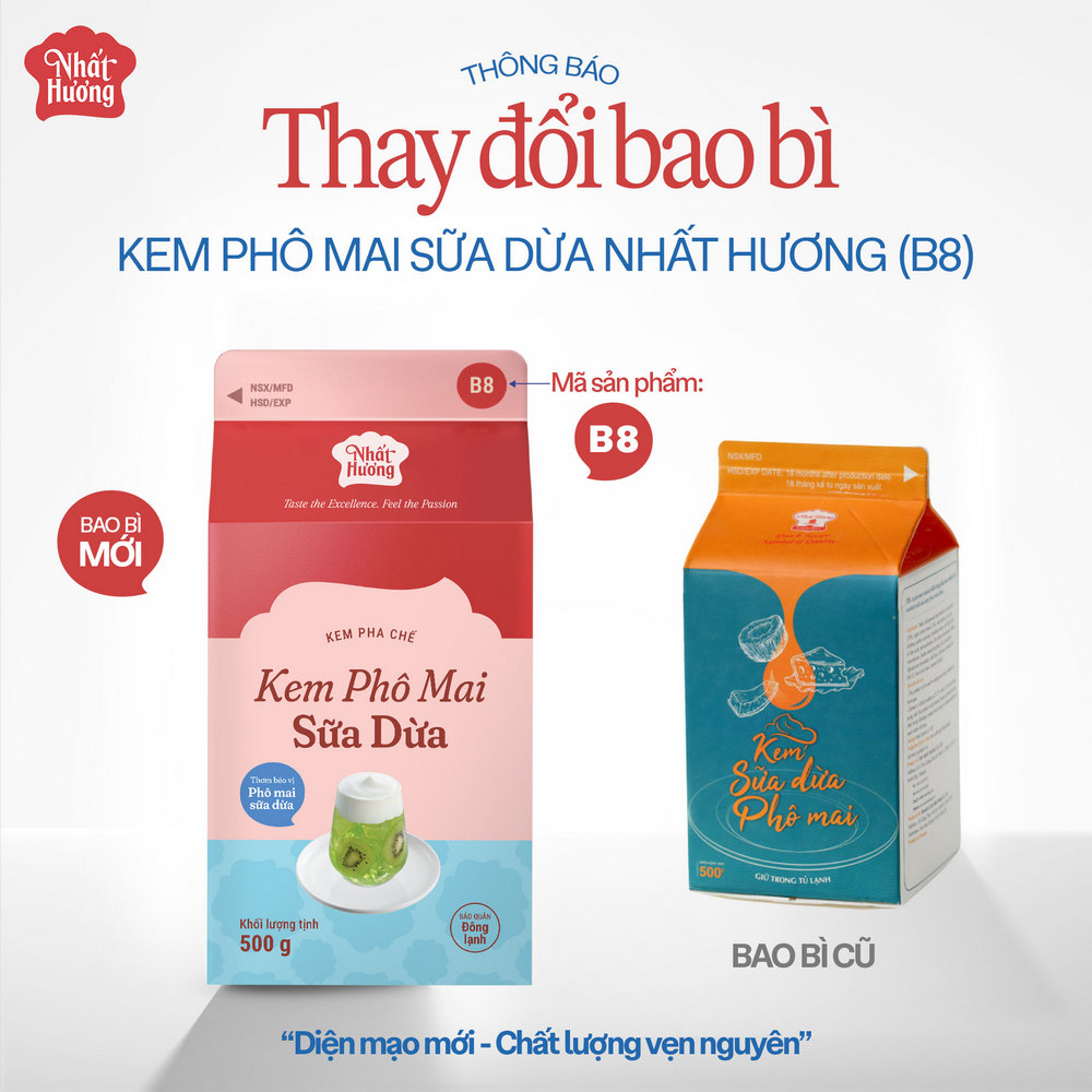 THÔNG BÁO: THAY ĐỔI BAO BÌ SẢN PHẨM KEM PHÔ MAI SỮA DỪA NHẤT HƯƠNG (B8)